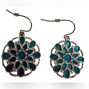 #692 Teal Flower Medallion Drop Earrings Silver-Tone Boho Dangle